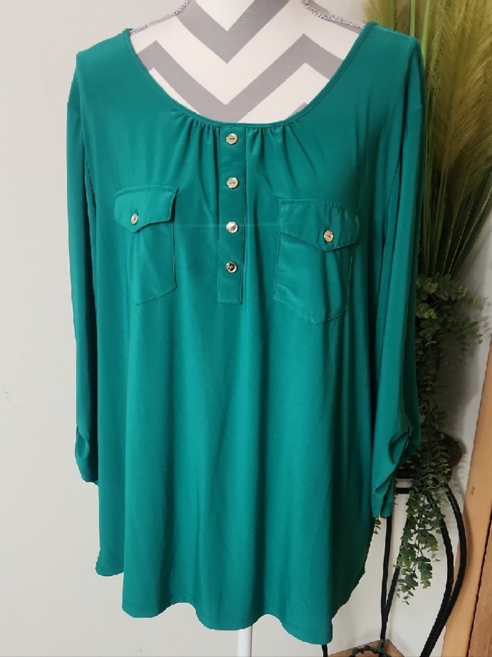 PerSeption Teal Green Button-Placket Blouse